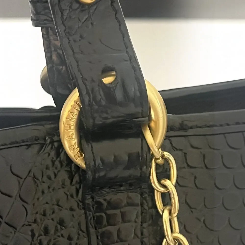 Brahmin Mini Asher Black Melbourne Croc Embossed Leather Satchel Crossbody